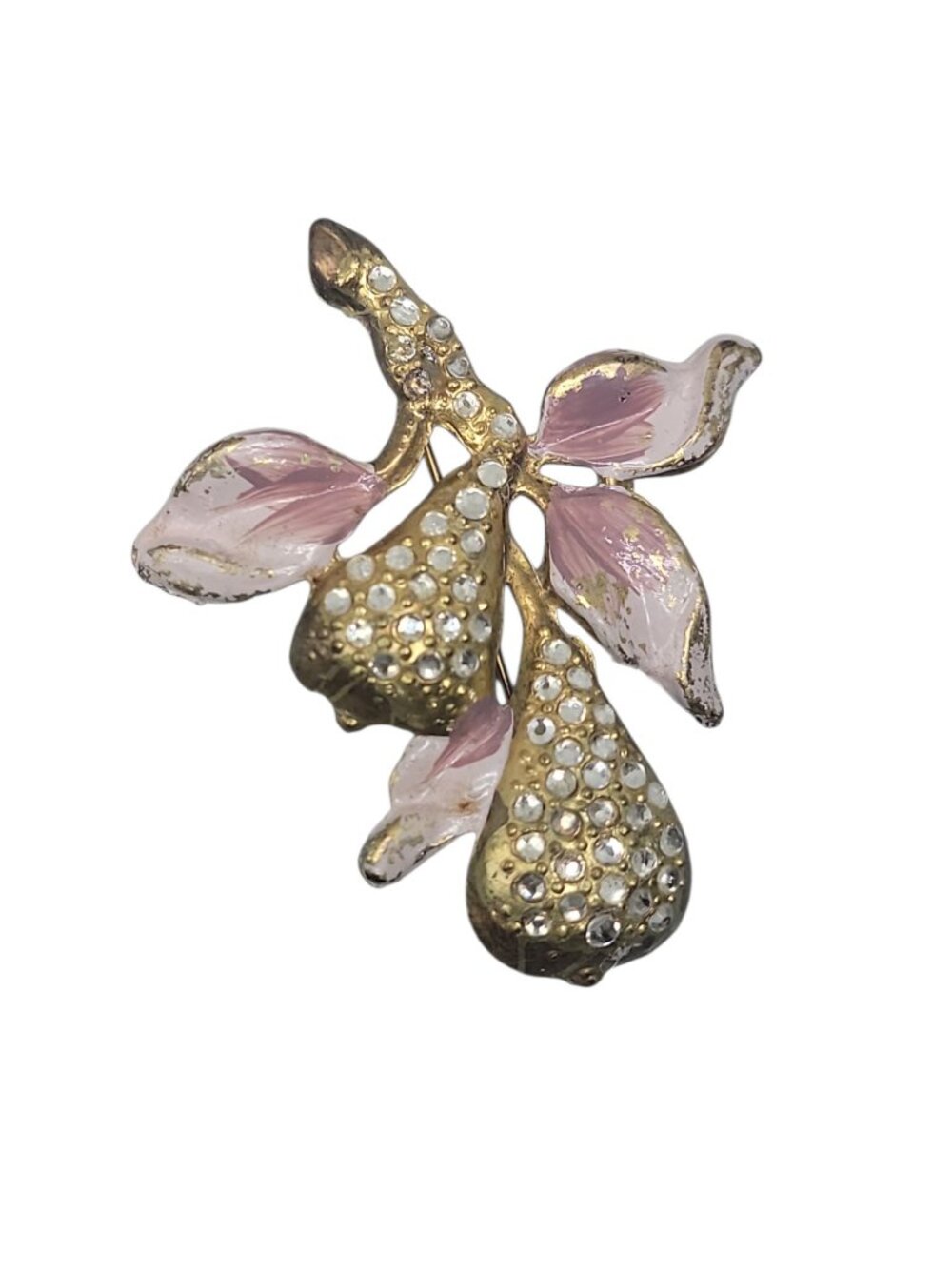 Vintage Period Pear Branch Rhinestone Brooch Pin Pink Gold Tone Dujay Copy - Picture 6 of 15